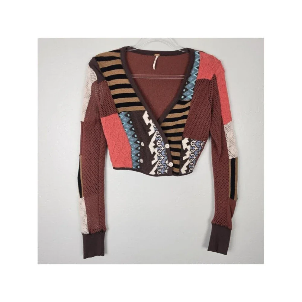 Free People Pieces Of Me Top Patchwork Knit Long Sleeve Crop Multicolor Size XS